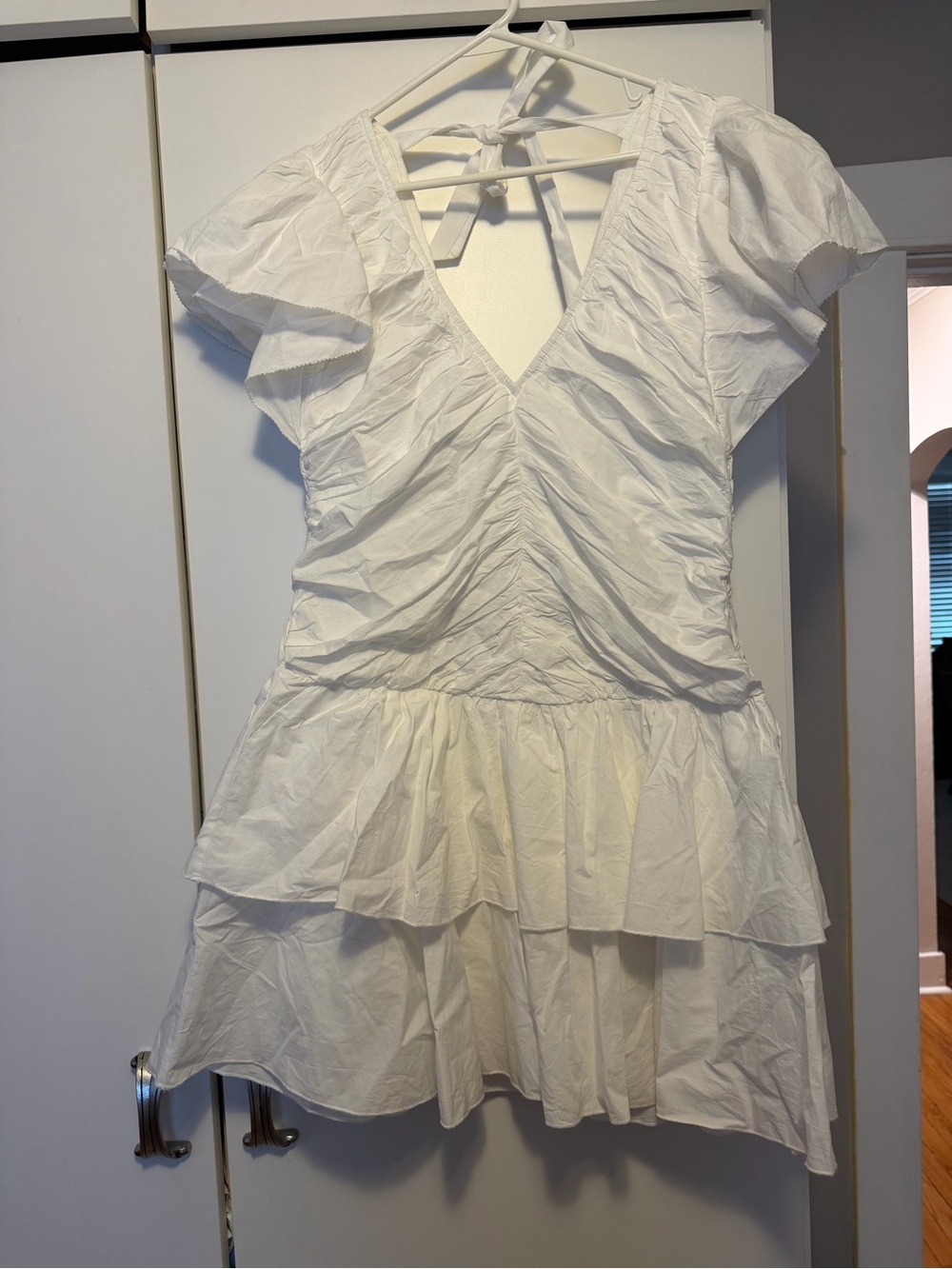 White Ruffle Tie-Back V-Neck Tiered Mini Dress